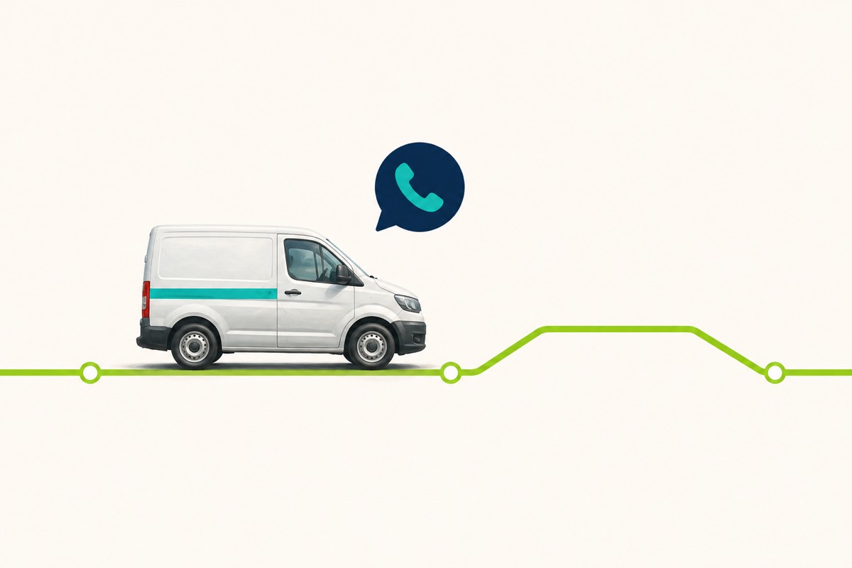 Illustration of a small van travelling along a line towards a speech bubble