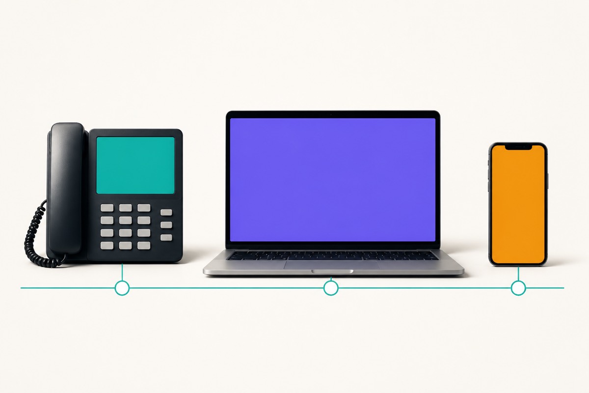 Illustration of a desk phone, a laptop and a smartphone joined by one line